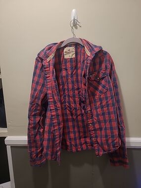 Hollister Men's Plaid Western Pearl Snap Button Long Sleeve Shirt M Red Blue